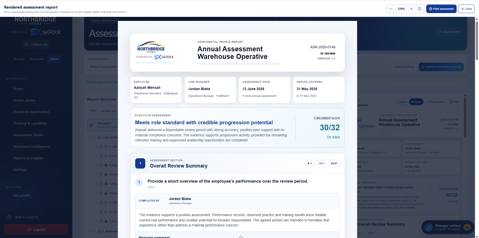 Rendered Skrixx annual assessment report with employee, manager, score and review detail