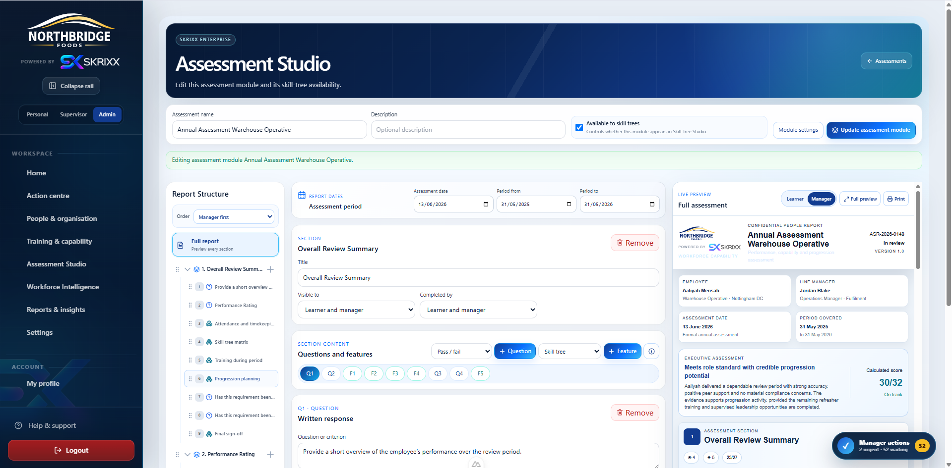 Skrixx Assessment Studio with structure, questions, settings and live report preview