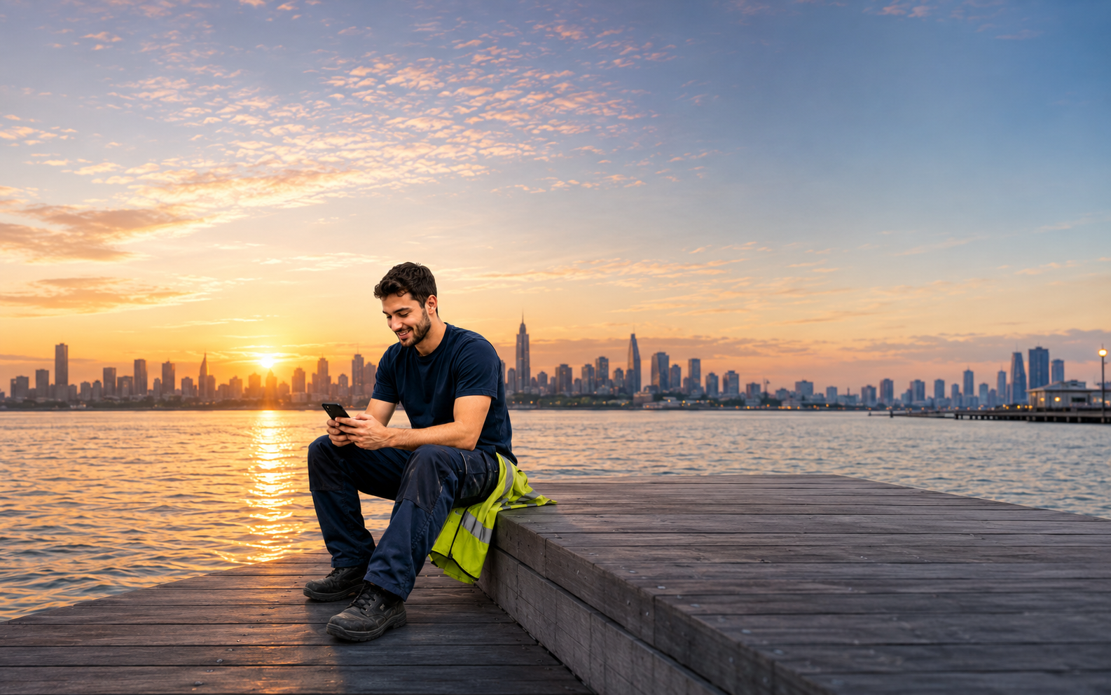 Learner using Skrixx beside a city waterfront at sunset